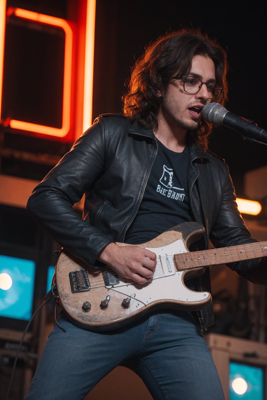 1 male, 25 years old, long curly hair, dark blue T-shirt, leather jacket, wearing glasses, jeans, playing electric guitar.    Night concert stage background  heavy singing posture  photorealistic     Half body photo, 8K resolution