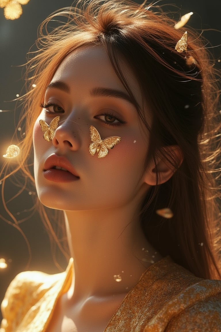 8k portrait of beautiful cyborg with brown hair, intricate, elegant, highly detailed, majestic, digital photography, art by artgerm and ruan jia and greg rutkowski surreal painting gold butterfly filigree, broken glass, (masterpiece, sidelighting, finely detailed beautiful eyes: 1.2), hdr, (detailed background window to a new dimension, plants and flowers:0.7)  infinity, infinite symbol,