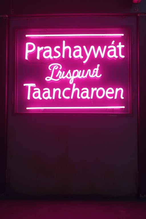 An advertising sign for a strip club with neon letters,  with pink an purple color, 50s  legs The sign says"Prashayawat Taancharoen" 