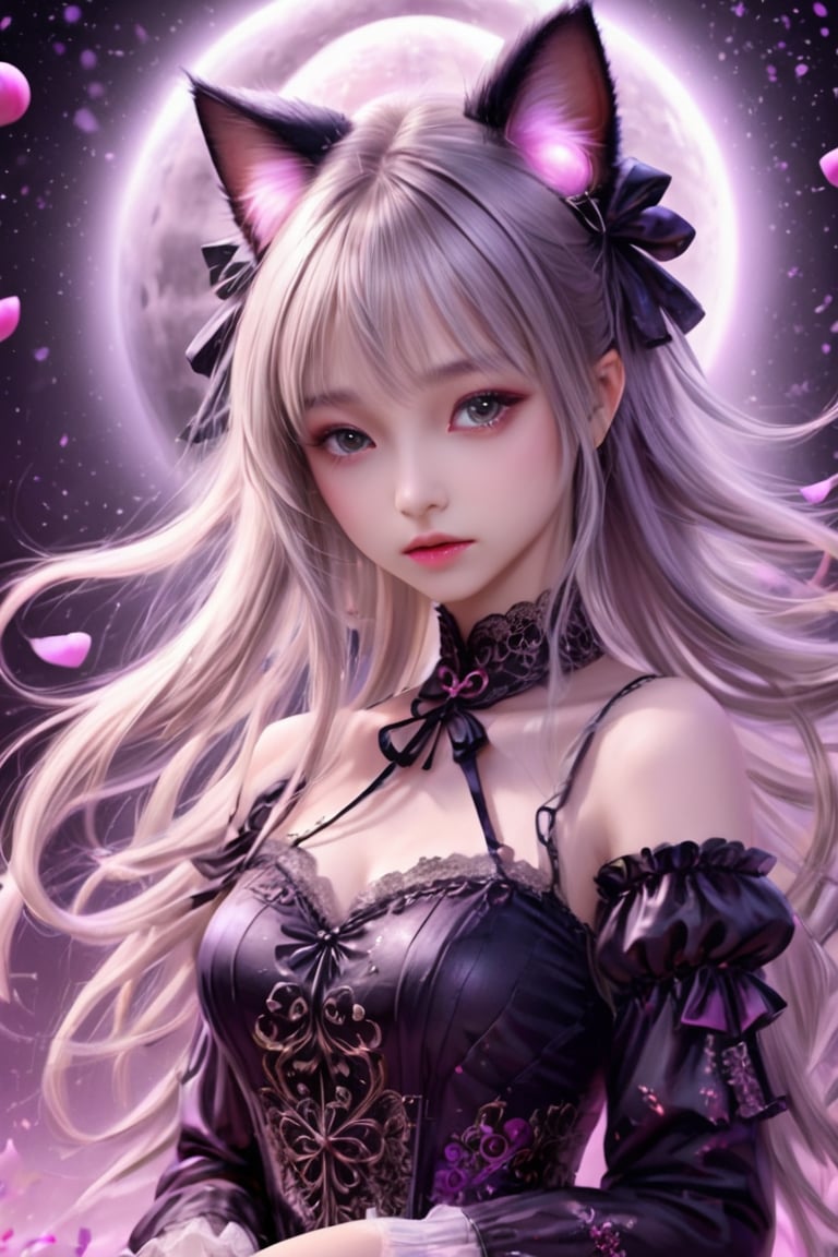 Masterpiece, Very High Stereotypes, Very Detailed Unity 8k CG wallpaper, Fantasy theme, Depressing feeling, Detailed face, Stunningly beautiful 17 year old girl, Death of a woman, Soul Destroyer, Blonde hair, Gothic Lolita dress, Cat ears, Stunningly beautiful face, Style - Whirlpool magic, Explosive magic, Candy bomb magic, real_booster, LegendDarkFantasy, Concept art, Bright colors, Red moon, Rembrandt lights.