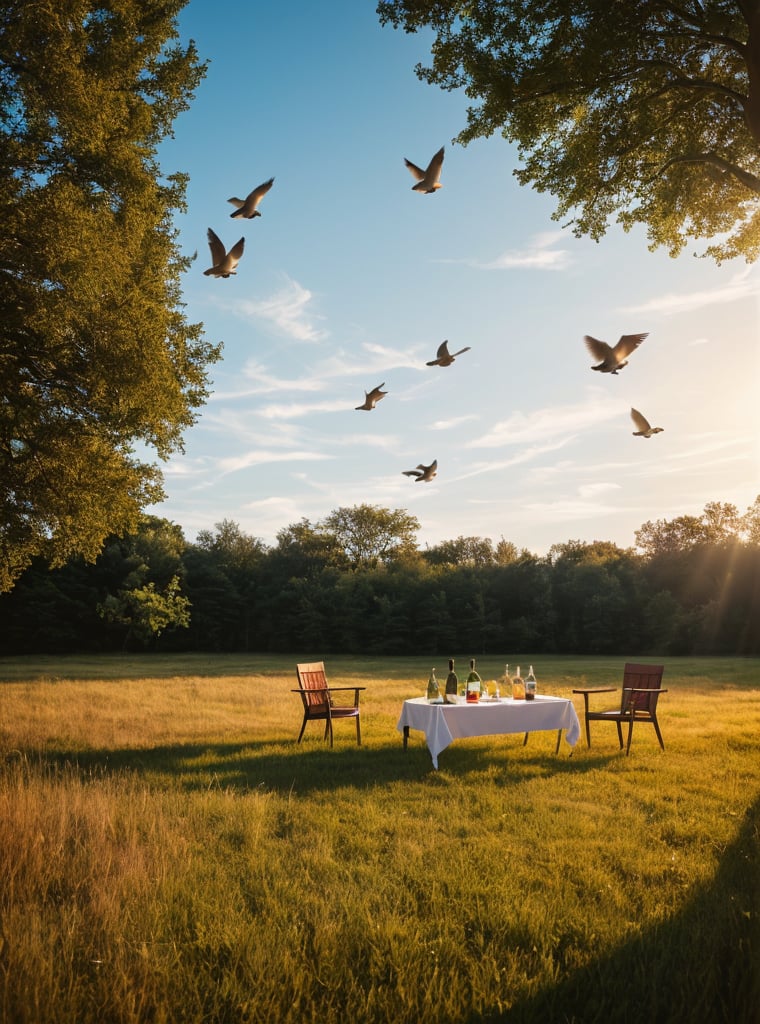 masterpiece,best quality, photo realistic,lifelike rendering, film grain:1.4, ultra wide angle, Fine art, surreal product photography shot with Hasselblad 6h, white table under a tree shade, wine_glasses, whiskey bottle, background_sky, grass, yellow and red birds, blue rabbit_(species), white dead pigeon, golden hour, natural light.
