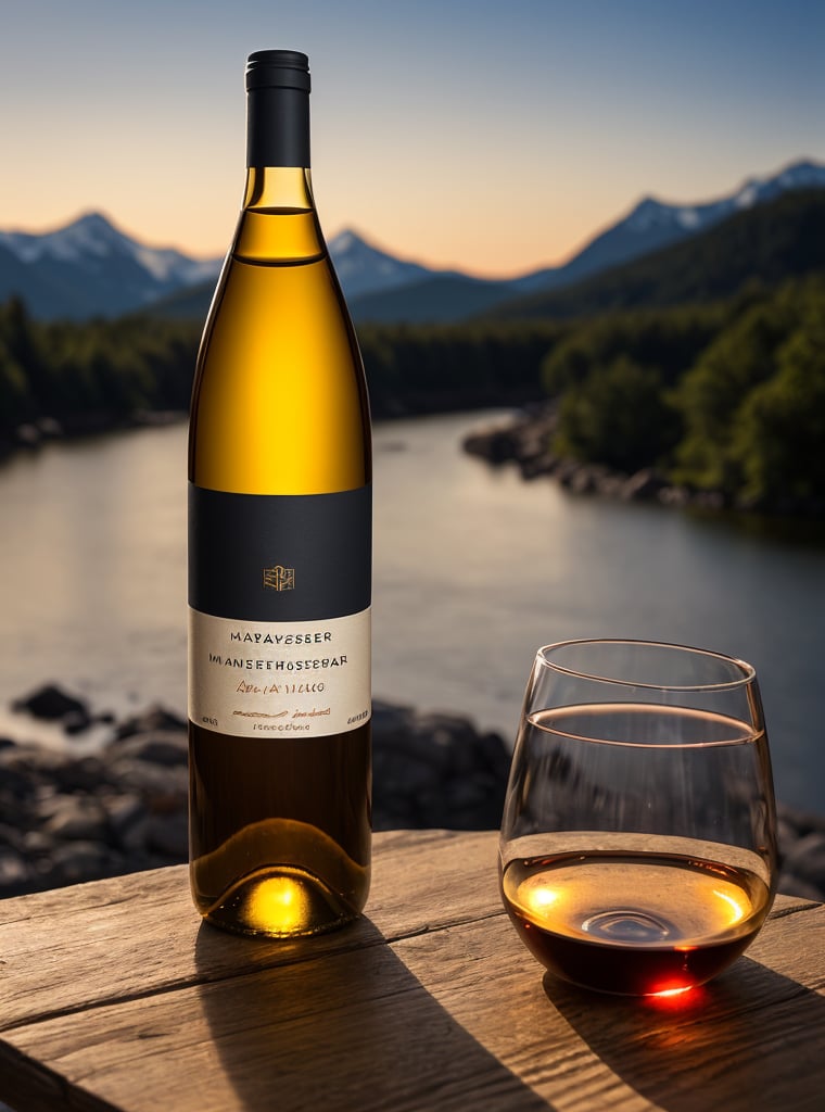 masterpiece, best quality, photo realistic, lifelike rendering, film grain, product photography shot with Hasselblad 6h, one wine bottle on the centre of dark brown table, focus on the bottle, shallow depth of field, out of focus background of nature mountains, beautiful sky, river, golden hour, natural light, wide angle shot.
