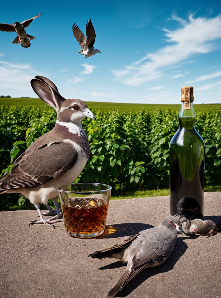 masterpiece,best quality, photo realistic,lifelike rendering, film grain:1.4, ultra wide angle, Fine art, surreal product photography shot with Hasselblad 6h, wine_glass, whiskey bottle, background_sky, trees, birds, rabbit_(species), dead pigeon
