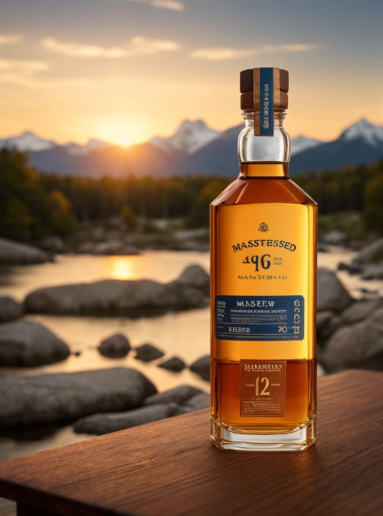 masterpiece, best quality, photo realistic, lifelike rendering, film grain, product photography shot with Hasselblad 6h, 1 Bourbon Super Premium Whisky bottle in the middle of wooden table, focus on the bottle, shallow depth of field, out of focus background of nature mountains, beautiful sky, river, golden hour, natural light, wide angle shot.
