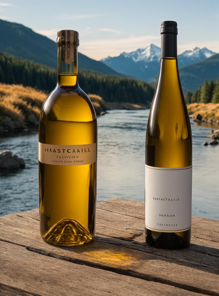 masterpiece, best quality, photo realistic, lifelike rendering, film grain, product photography shot with Hasselblad 6h, wine bottle on the Brown table, focus on the bottle, shallow depth of field, out of focus background of nature mountains, beautiful sky, river, golden hour, natural light.
