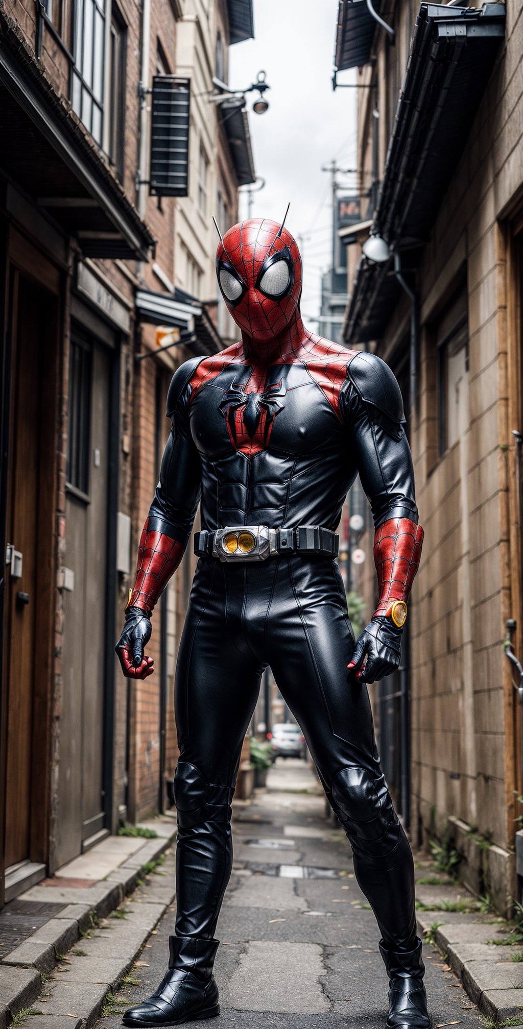 A Kamen Rider in a Spiderman costume, standing in a dark alleyway with a web of shadows behind them,Kamen_Rider_Black_RX