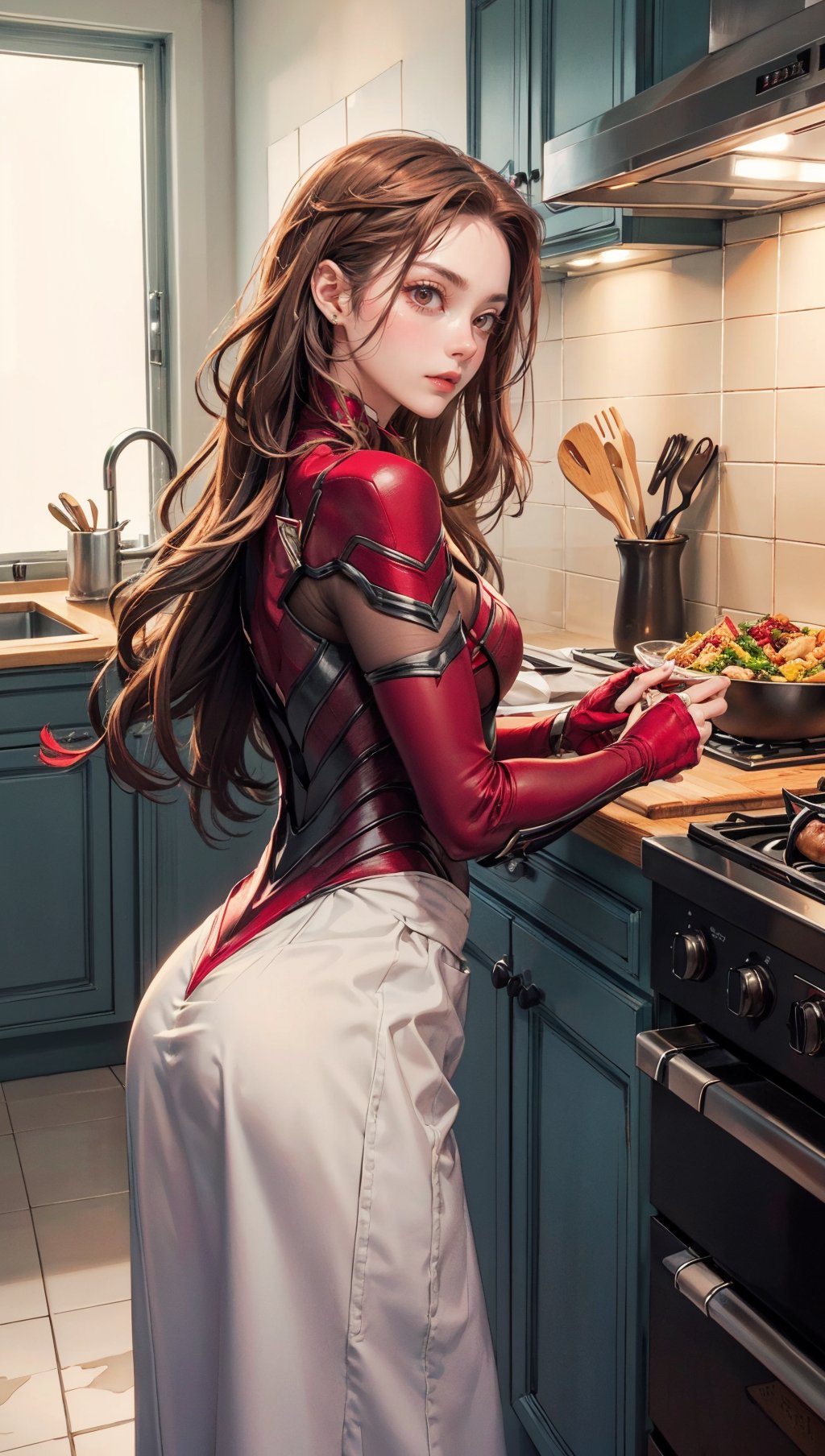 Subject: A photorealistic portrayal of Scarlet Witch as a skilled and confident chef, preparing a gourmet meal in a modern and stylish kitchen.

Type of Image: Photorealistic digital illustration.

Art Styles: Realism and culinary photography.

Art Inspirations: High-quality food photography, candid and genuine kitchen moments, and Scarlet Witch's capable demeanor.

Environment: Indoor, in a sleek and well-equipped kitchen with professional cooking appliances and a tasteful decor, setting an upscale culinary atmosphere.

Camera Shot Type: Candid shot.

Camera Lens: 70mm short telephoto lens.

View: Side view capturing Scarlet Witch's focused expression as she works with the ingredients.

Render Style: Highly detailed and hyper-realistic, capturing the textures of Scarlet Witch's attire, the ingredients, and the modern kitchen.

Lighting: Soft and natural light, enhancing the colors of the ingredients and Scarlet Witch's skilled actions.

Color Type: A mix of contemporary and elegant colors, complementing Scarlet Witch's attire and the upscale kitchen surroundings.

Related Information: 8K resolution, ensuring every detail, from Scarlet Witch's confident gestures to the fine ingredients, is exquisitely displayed, perfect for large prints or high-resolution displays.
