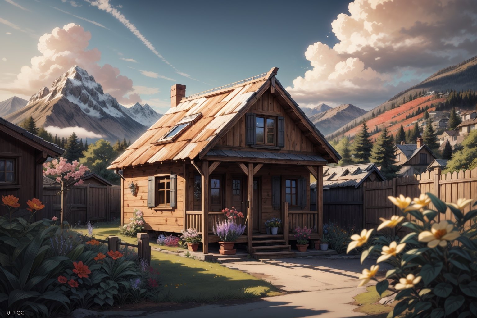 (Masterpiece, ultra detailed, hyper quality) a cute small but cozy wooden house on the edge of the village, photo next to the fence, the fence is out of focus, lots of trees and colorful flowers, small mountains and a few houses in the background, detailed clouds, bright colors,  

leonardo