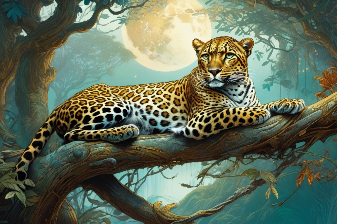 Detailed illustration of a regal leopard laying on a branch,  very highly detailed,  intricate by Amol  on Tensor.Art