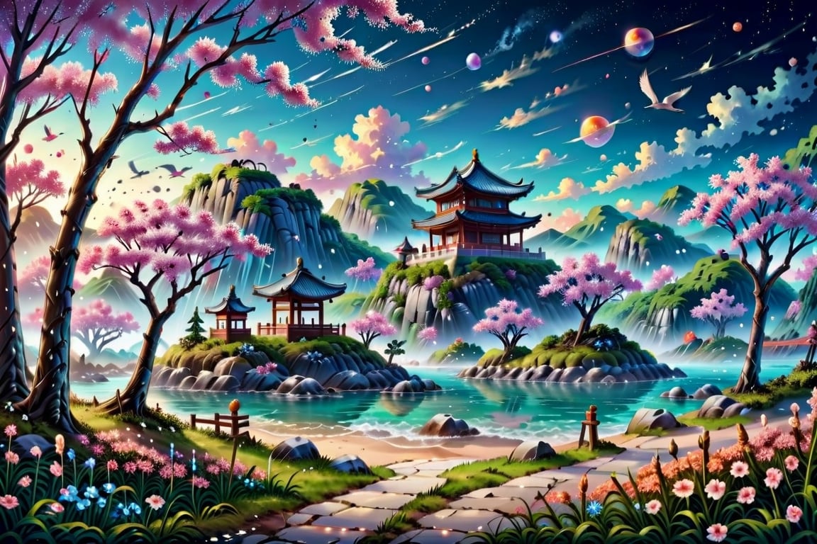 Create a mid-journey scene in a Korean-inspired fairyland. Envision cherry blossom trees casting a dreamlike atmosphere, traditional palaces against serene mountains, and elegant cranes soaring through the air. Characters in Hanbok or fairy-like beings add cultural charm. Incorporate traditional instruments and lanterns for a magical touch. This scene captures the grace and enchantment of a Korean-inspired fantasy realm.

scenery 32k, masterpiece, best quality, 3D, Extremely detailed, voluminetric lighting, anime

Reality XL:0.8, 3d_toon_xl:0.8, JuggerCineXL2:0.8, detail_master_XL:1.4, detailmaster2.0:0.8, Zombie,lineart,Anime,line anime,SDXLanime:0.8,LineAniRedmondV2-Lineart-LineAniAF:0.8,EpicAnimeDreamscapeXL:0.8,ManimeSDXL:0.8,Midjourney_Style_Special_Edition_0001:0.8,animeoutlineV4_16:0.8,perfect_light_colors:0.8,LineAniAF,CuteCartoonAF,Cursed Energy:0.9,Movie Still,DonMCyb3rSp4c3XL,biopunk style,Landskaper,biopunk,ink scenery,add_more_color:0.8,Hyperreal_Surrealist_Add_More_Details005:0.8,Add_Details_XL-fp16:0.8,
,more detail XL,mcrbe,l0dbg