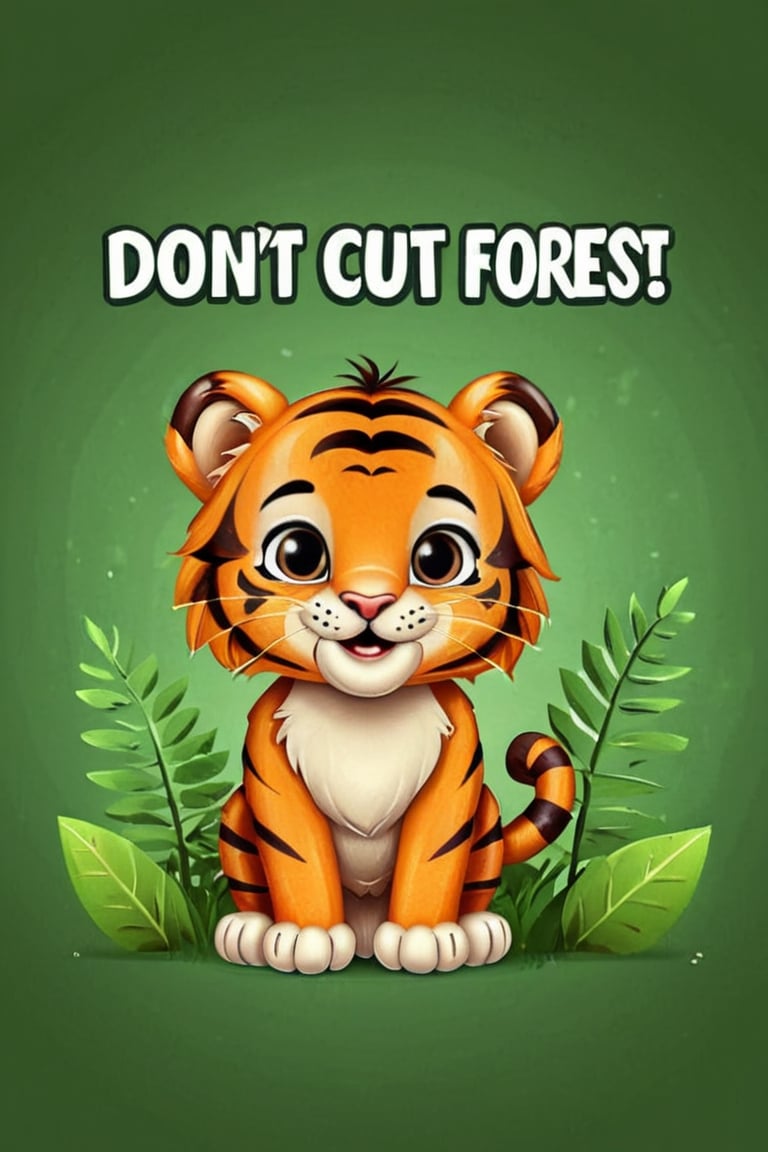 a very cute little tiger ((( with the text: "Don't Cut Forest! 2000 Likes"))),cartoon logo