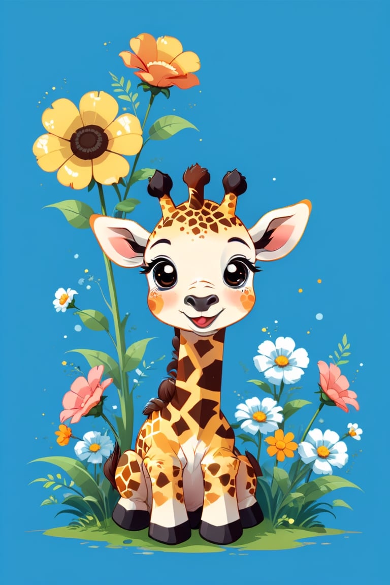 cartoon flat, cute giraffe playing with flower, high detail cartoon vector illustration, cartoon character design, simple, minimalist, cute, funny, chibi, kawaii, isolated on transparent background, digital rendering,Flat vector art,Vector illustration,Illustration