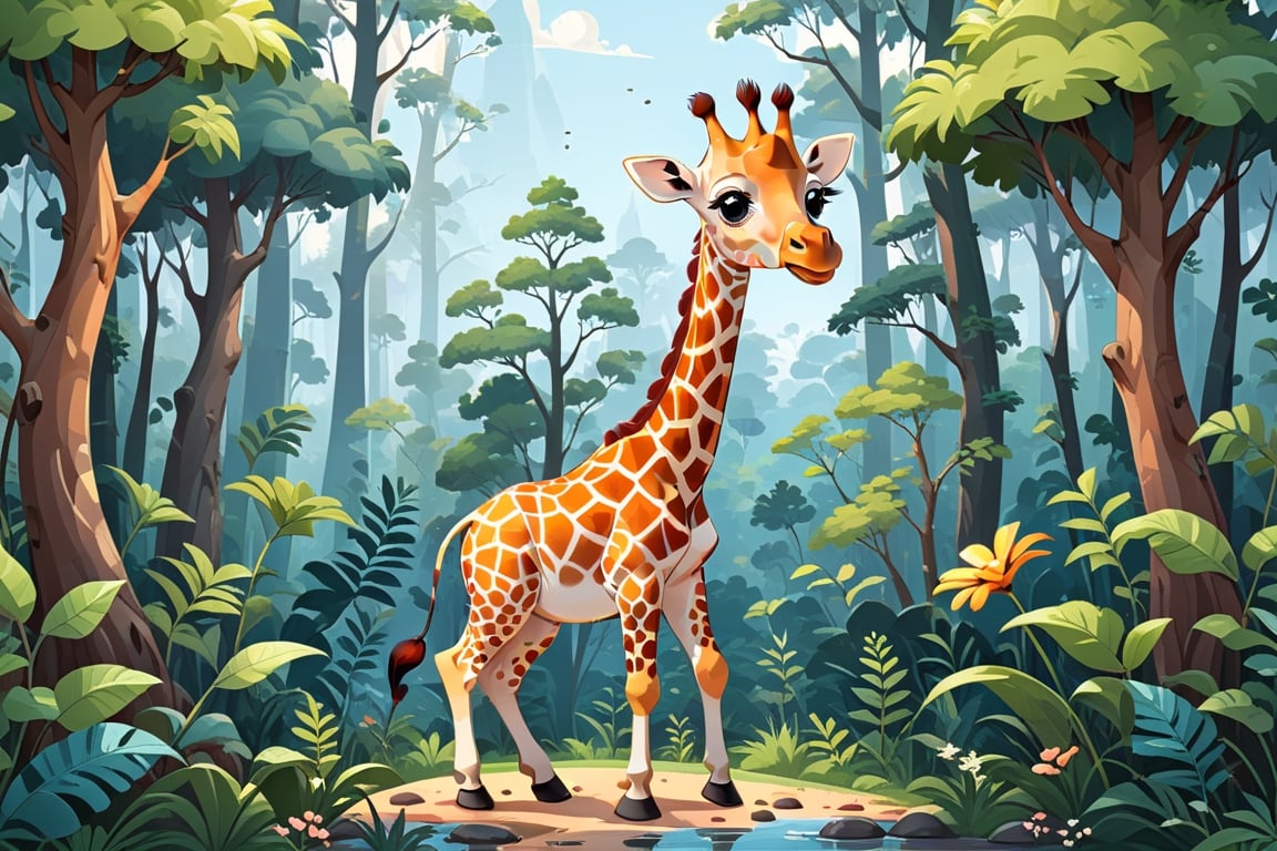 cartoon flat, cute giraffe playing with forest, high detail cartoon vector illustration, cartoon character design, simple, minimalist, cute, funny, chibi, kawaii, isolated on transparent background, digital rendering,Flat vector art,Vector illustration,Illustration