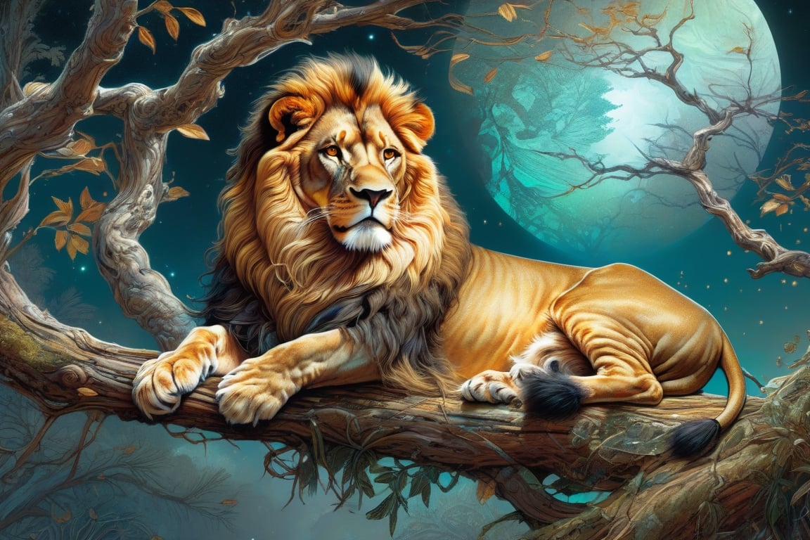 Detailed illustration of a regal lion laying on a branch,  very highly detailed,  intricate by Amol  on Tensor.Art