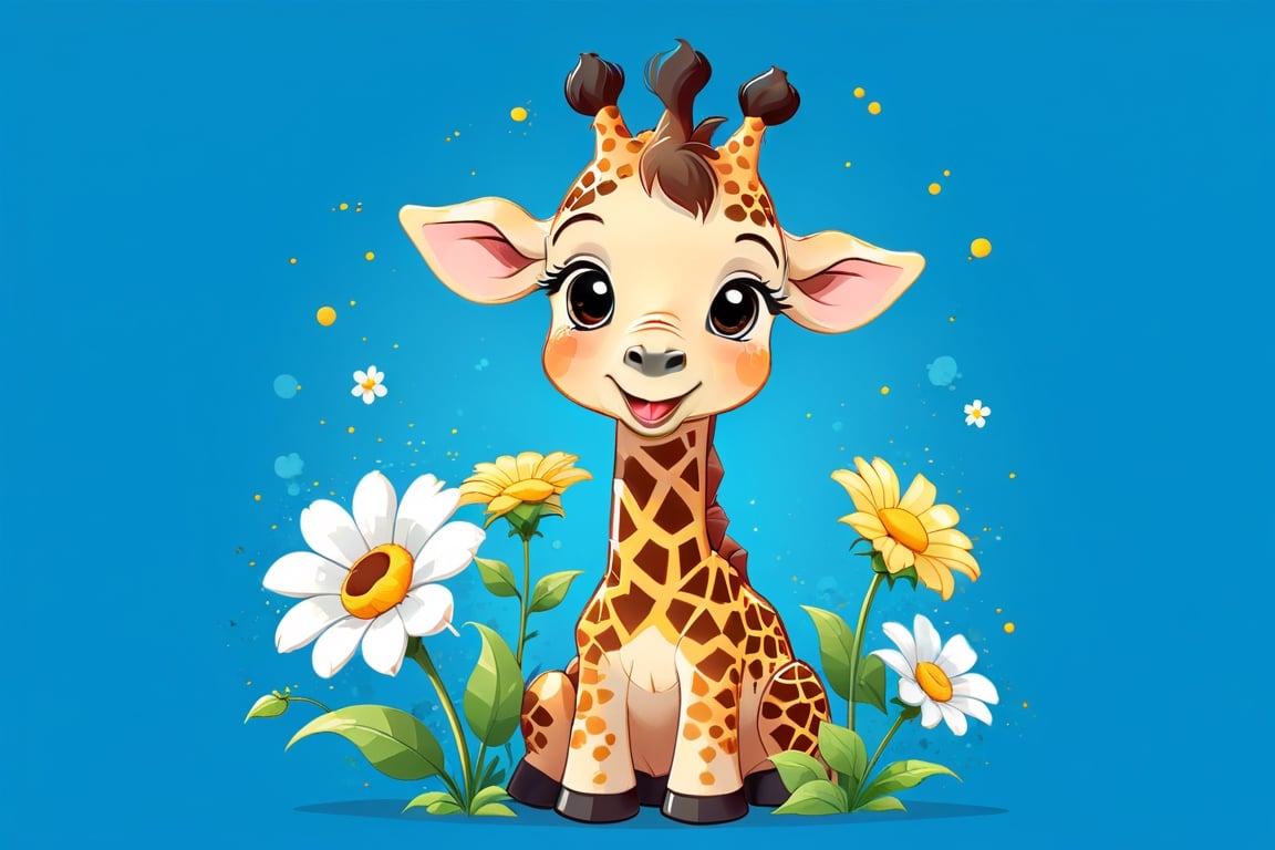 cartoon flat, cute giraffe playing with flower, high detail cartoon vector illustration, cartoon character design, simple, minimalist, cute, funny, chibi, kawaii, isolated on transparent background, digital rendering,Flat vector art,Vector illustration,Illustration