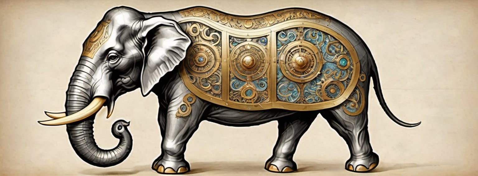 Create an image of a mascot that draws inspiration from a biomechanical elephant, featuring a fusion of organic and metallic components, emit mesmerizing fractal designs. Bright background, Elegant, sophisticated, intricate line work, ornate details, muted color scheme. Art and mathematics fusion, hyper detailed, trending at artstation, sharp focus, studio photography, intricate detail, highly detailed, centered, perfect symmetrical, plain design,tshirt design,8k,high_resolution,on parchment,p1c4ss0