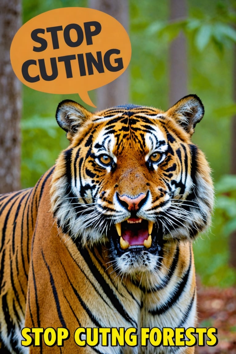 Photo of angry tiger with text bubble that says "Stop cutting down forests" by Amol  on Tensor.Art