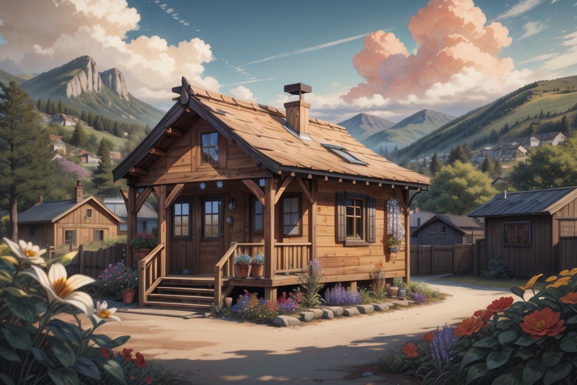 (Masterpiece, ultra detailed, hyper quality) a cute small but cozy wooden house on the edge of the village, photo next to the fence, the fence is out of focus, lots of trees and colorful flowers, small mountains and a few houses in the background, detailed clouds, bright colors,  

leonardo