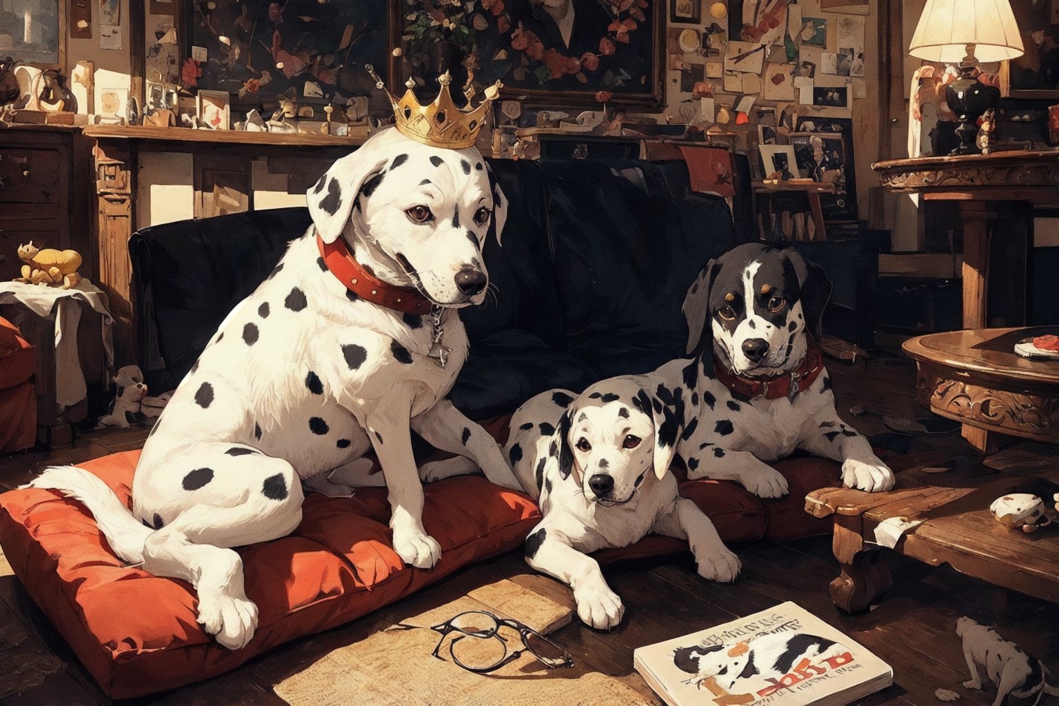 a dalmatian wearing crown, a cap, a pet seat cushion, pet toys, Glasses, living room(best quality,masterpiece,EpicArt,xjrex,(best quality,insertNameHere, masterpiece)