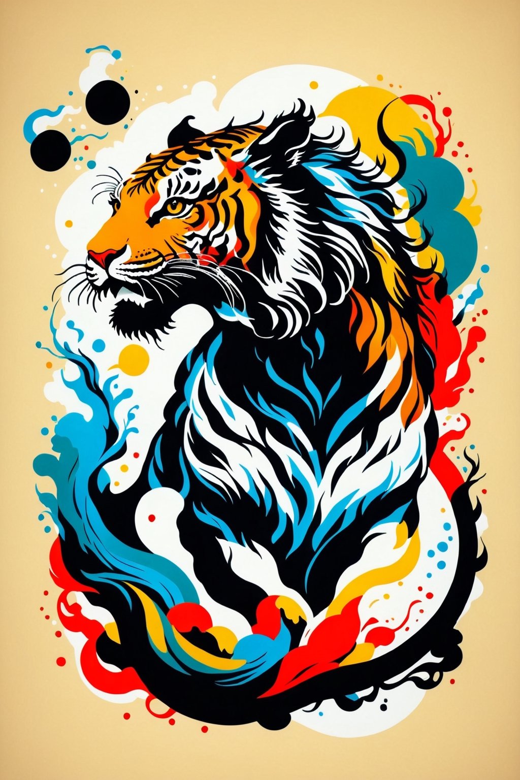 Vintage print design (on a white background:1.2), Silhouette drawing a rampant tiger, with colors ink pop art blackground, delicate, filigram, centered, intricate details, illustration style, Katsushika Hokusa Style, ink sketch, comic book,chinese dragon,Leonardo Style