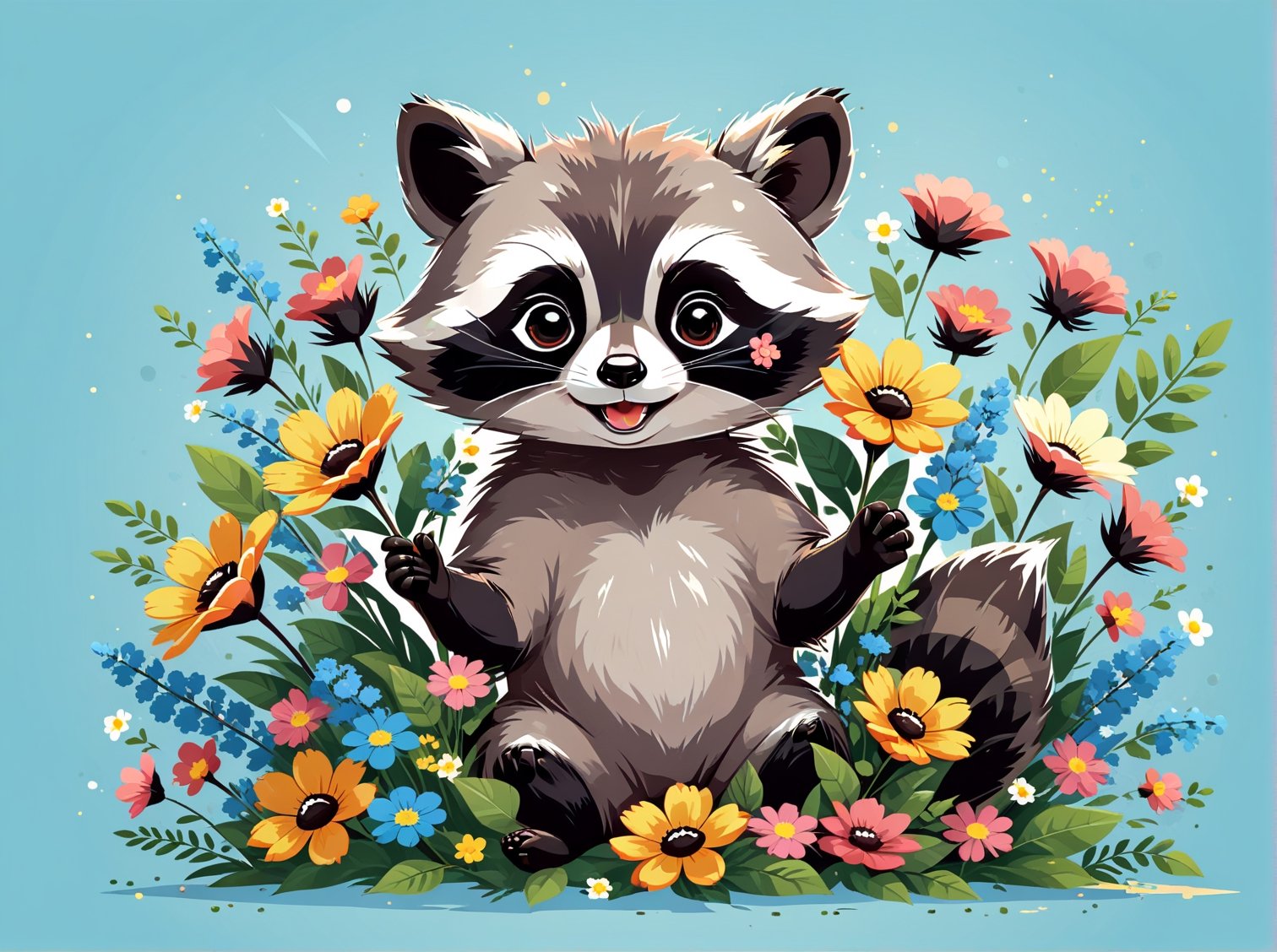 cartoon flat, cute raccoon playing with flowers, high detail cartoon vector illustration, cartoon character design, simple, minimalist, cute, funny, chibi, kawaii, isolated on transparent background, digital rendering,Flat vector art,Vector illustration,Illustration