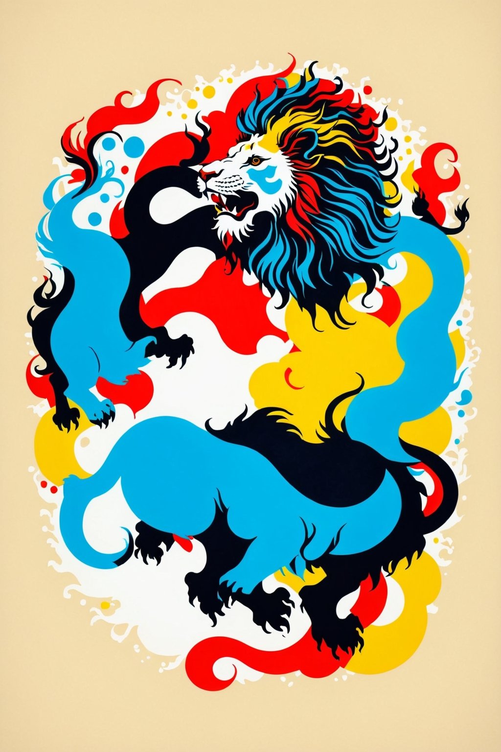 Vintage print design (on a white background:1.2), Silhouette drawing a rampant lion, with colors ink pop art blackground, delicate, filigram, centered, intricate details, illustration style, Katsushika Hokusa Style, ink sketch, comic book,chinese dragon,Leonardo Style