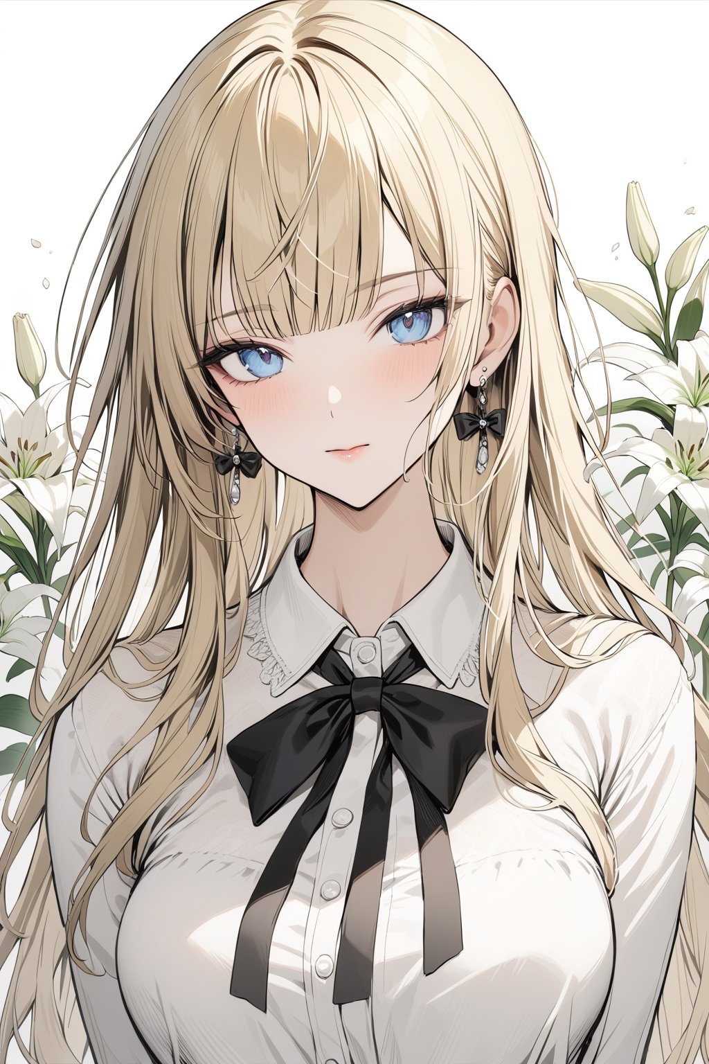 masterpiece, best quality, 1girl, solo, long hair, looking at viewer, bangs, blue eyes, blonde hair, shirt, bow, ribbon, jewelry, closed mouth, flower, earrings, blunt bangs, grey background, black ribbon, black bow, neck ribbon,  lily \(flower\), depth_of_field, ,1girl