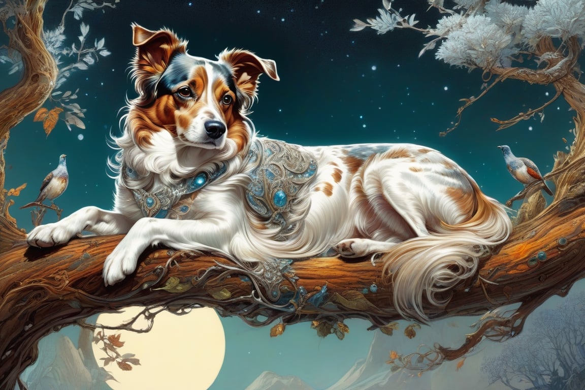 Detailed illustration of a regal dog laying on a branch,  very highly detailed,  intricate by Amol  on Tensor.Art