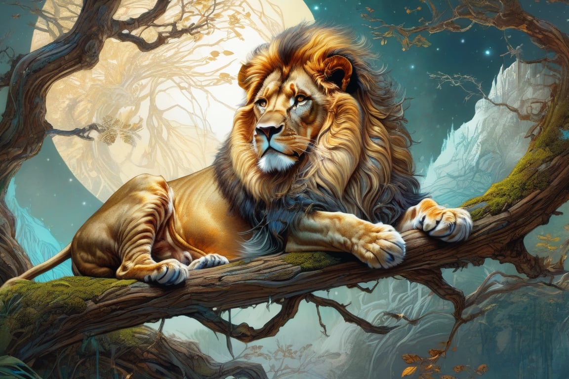 Detailed illustration of a regal lion laying on a branch,  very highly detailed,  intricate by Amol  on Tensor.Art