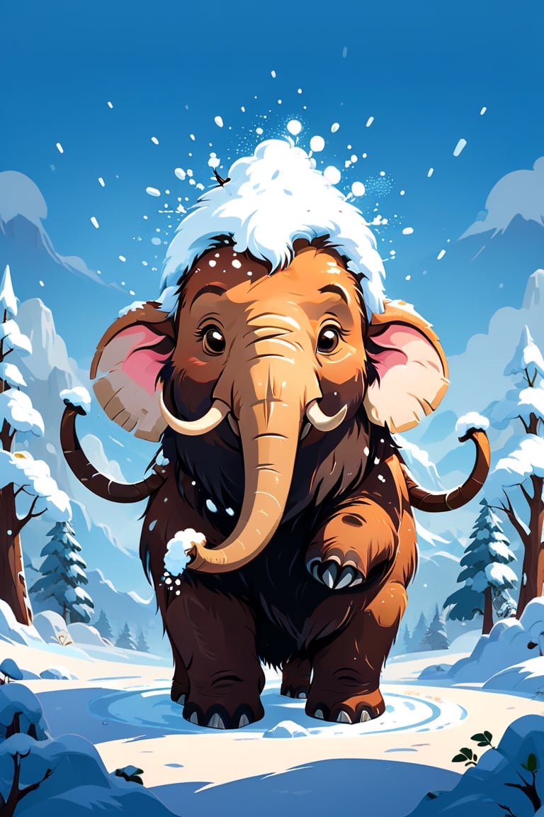 cartoon flat, cute mammoth playing with snow, high detail cartoon vector illustration, cartoon character design, simple, minimalist, cute, funny, chibi, kawaii, isolated on transparent background, digital rendering,Flat vector art,Vector illustration,Illustration