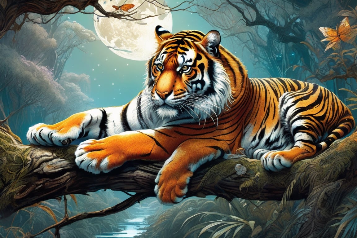 Detailed illustration of a regal tiger laying on a branch,  very highly detailed,  intricate by Amol  on Tensor.Art