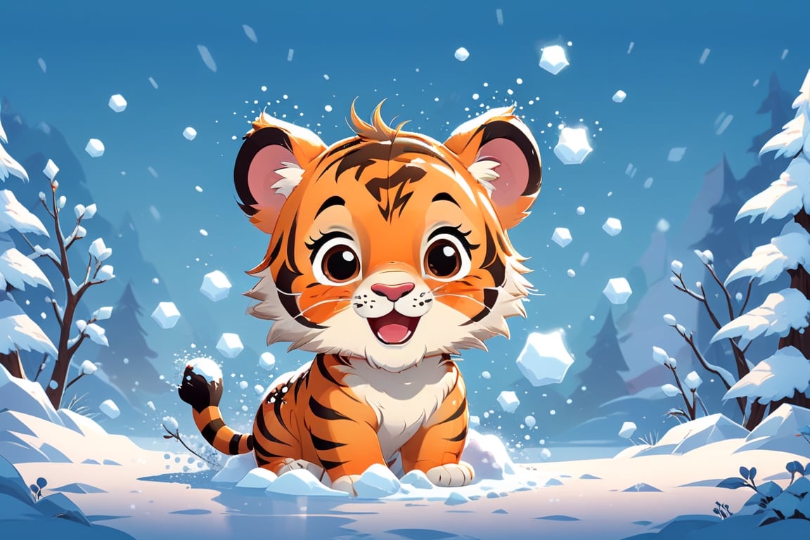 cartoon flat, cute tiger playing with snow, high detail cartoon vector illustration, cartoon character design, simple, minimalist, cute, funny, chibi, kawaii, isolated on transparent background, digital rendering,Flat vector art,Vector illustration,Illustration