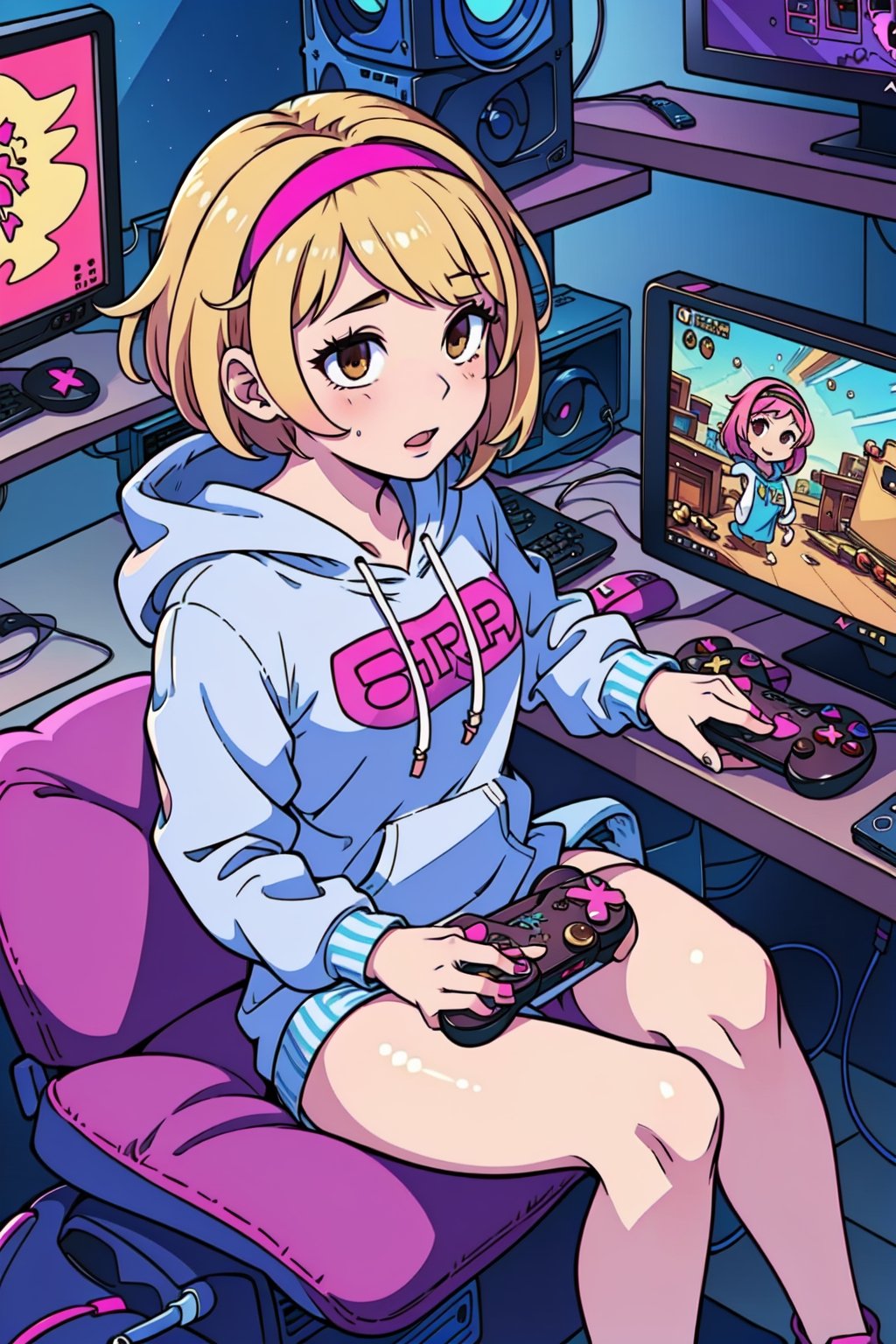 1girl, solo, blonde, short hair, pink hairband, small breasts, brown eyes, gamer girl, hoody, bottomless, bare legs, console, controller, computer, videogames, dark room, bedrrom,gameroomconcept