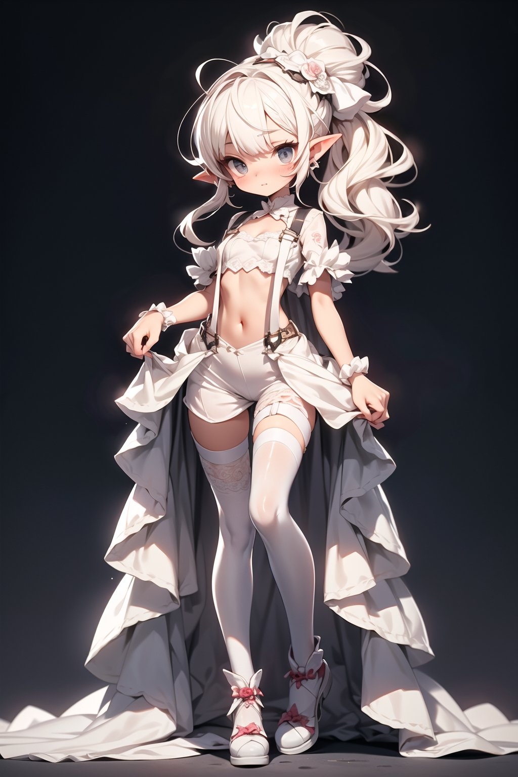 nsfw, 21yo girl, cute petite tiny girl with long goblin ears, white hair, hair buns, cute, girly, full body, cute shoes, (victorian engineer girl:1.3), (white wedding dress, crop top, suspenders:1.2), cozy black gothic mansion, (cute slender girl:1.2), (skinny girl, visible ribs:1.2)