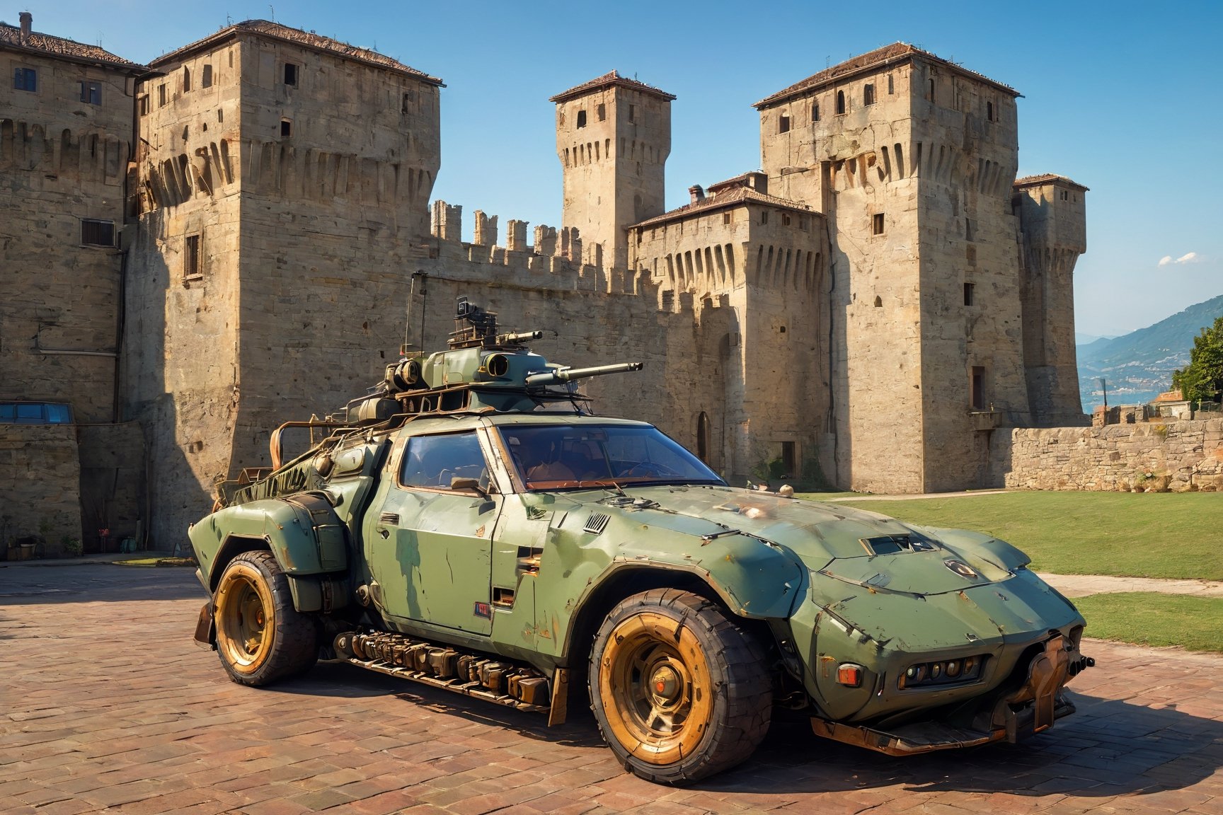 (Documentary photograph:1.3) of a magnificent (Italian castle:1.4), (stone wall:1.2), 14th century, (golden ratio:1.3), BREAK shot on Canon EOS 5D, eye level, Fujicolor Pro film, in the style of Easton Chang, (photorealistic:1.3), (soft diffused lighting:1.2), vignette, highest quality, original shot. BREAK Front view, well-lit, (perfect focus:1.2), award winning, detailed and intricate, masterpiece

Sentinel-X,create an awe-inspiring image of a military green color armored vehicle parced on the backdrop of a medieval Italian castle, poster composition, modified car, black rim, hot wheels style, sunny day, cool, aesthetic, full car in frame, full car picture, highly detailed, 8k, ultra sharp, masterpiece, realistic, detailed headlights, 4k headlight,H effect,real_booster,itacstl,island,dragon_h,cyberpunk style,Comic Book-Style 2d,c_car, DieselPunkAI