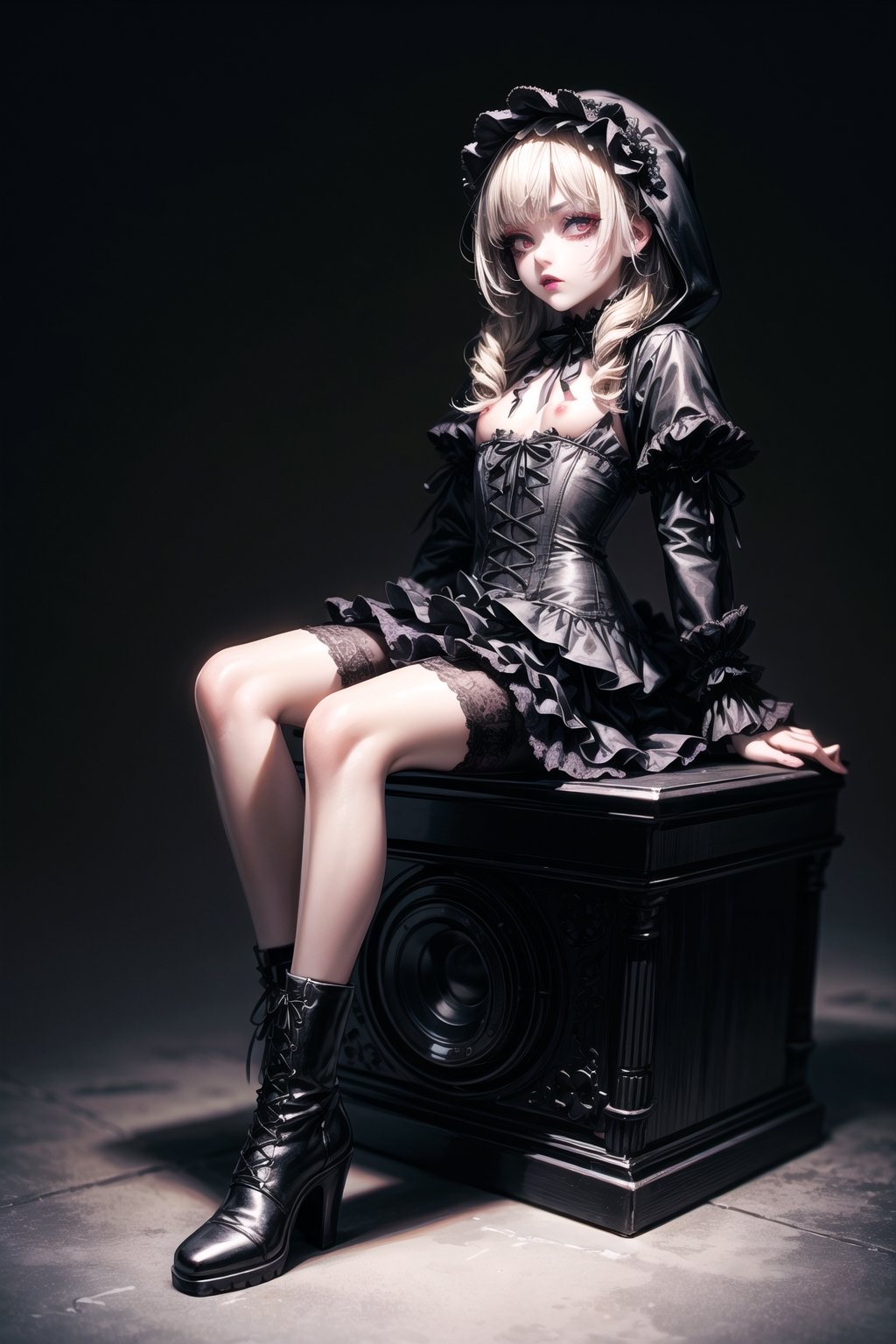 nsfw, nude, 21yo naked girl, ((​masterpiece、top-quality)), (Photorealistic photography:1.4), (gothic lolita:1.5), White Elegance, Highly detailed frills, (intricate detailes),1 persons, female, Mystical Beautiful Girl, Very young face, perfect anatomia, perfectly proportions, face perfect, Strong gothic makeup, Whitewashed face, Purple Lipstick, Purple eyeshadow, (Heavy makeup:1.4), Pathological beauty, Bright on the face, Details of face, serious faces, blondehair, Long straight hair, Parting aligned bangs, Hair that flutters in the wind, Gothic Lolita costume in black and bubblegum pink,Hood of her vertical roll, Black and bubblegum pink miniskirt bulging with panniers, lace-up boots, Very short stature, perky small breasts, Stand cross-legged, um Home Detetive, conceptual art, 真实感, godrays, Cinematographic lighting, canon, high details, hiquality, HD fine, 16K resolution, Full body portrait, full body Esbian,