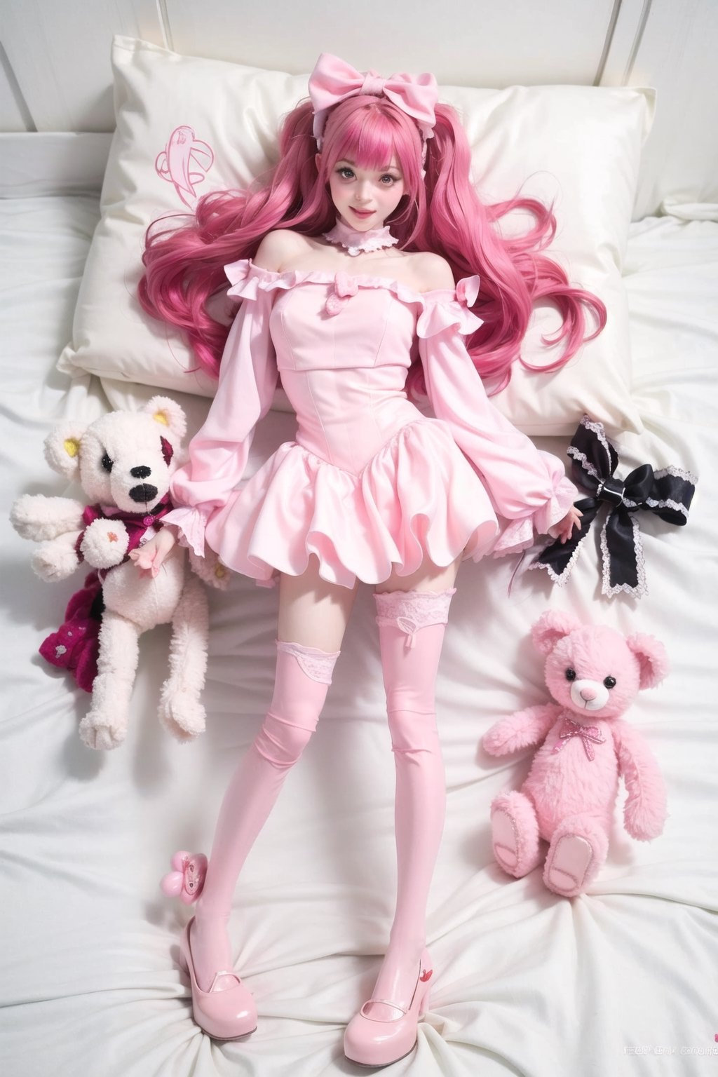 nsfw, nude, 21yo naked girl, A cute girl, (counterfeitv3.0), long pink hair with bangs, pale skin, wearing cute clothes, pink dress, bows, white silk sleeves, pink tights, pink shoes with bow lying on a bed with several teddy bears.