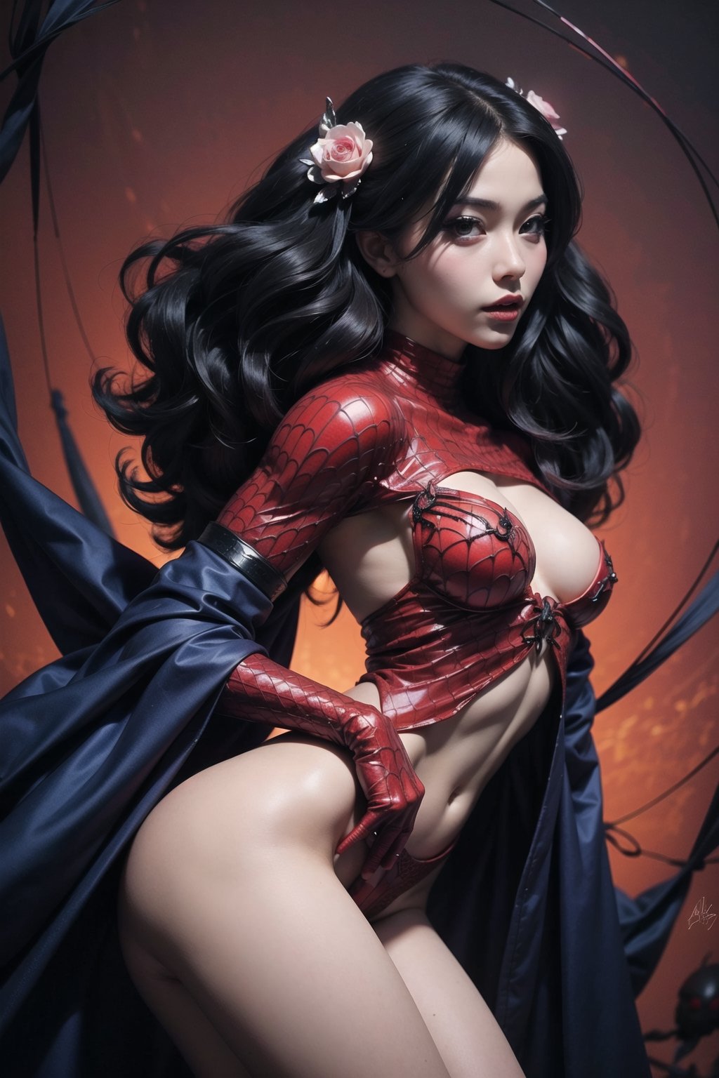 nsfw, 21yo girl, perky small breasts, Yokai Jorōgumo, Spider woman, Seductive spider, Weaving bride, Mythical creature, Shapeshifting yokai, Enchanting temptress, Spider, Supernatural entity in the form of a beautiful woman and spider,artgerm