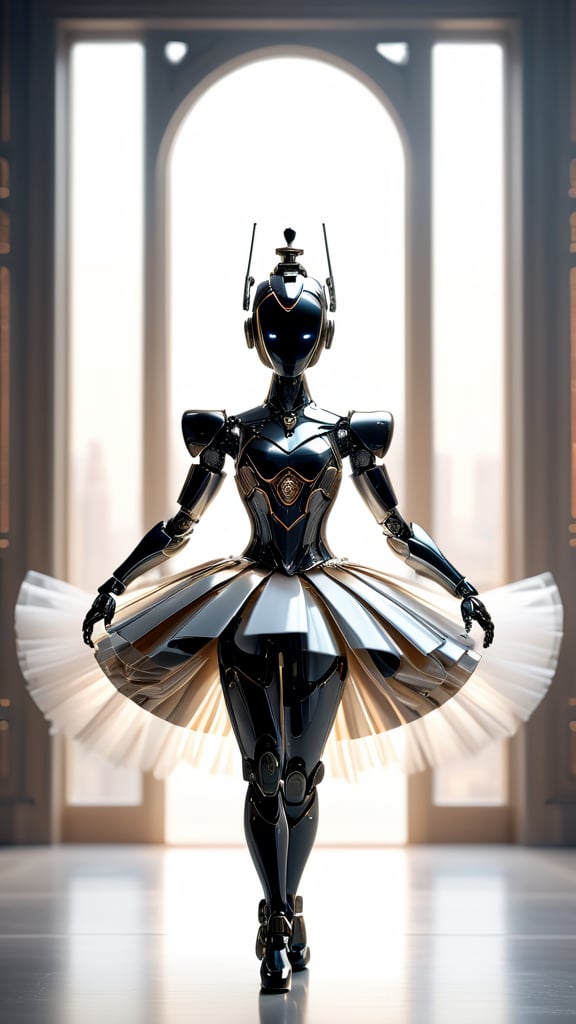 a meticulously detailed robot takes center stage. Crafted from glossy white plastic and silver, the intricate design reveals the fusion of mechanics and artistry. The robot, unexpectedly adorned with a tutu, strikes a delicate ballet pose, blurring the lines between technology and grace. The choice of materials creates a stark yet beautiful contrast against the empty room’s simplicity. Large windows allow warm light to cascade, casting a soft glow that accentuates the robot’s mechanical beauty in this unique blend of creativity and precision.