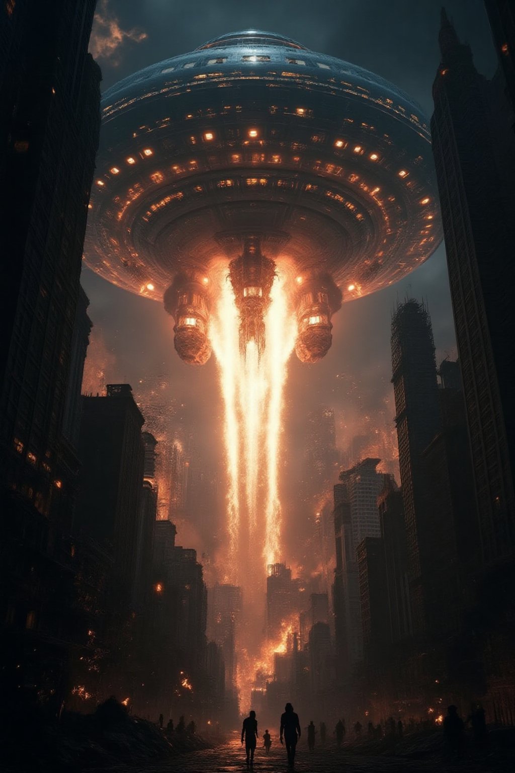 In the heart of a metropolitan city,  under the veil of darkness,  a gargantuan extraterrestrial spacecraft descends upon...