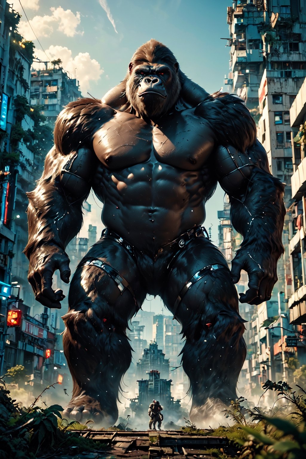 (Masterpiece:1.5), (Best quality:1.5), Cyberpunk style, full body, A towering King Kong, amidst a ruined city, bellows in fury. The massive creature, its fur a shimmering silver, muscles rippling beneath its majestic form, stands as a symbol of primal power and untamed beauty. This remarkable image is a digitally enhanced photograph, capturing every intricate detail with stunning clarity and depth. The backdrop of crumbling buildings and twisted metal only serves to enhance the gorilla's imposing presence, making it a truly unforgettable sight. With each pixel meticulously crafted, this image exudes a sense of awe and wonder, leaving viewers breathless in the face of such magnificence, King Kong,Magic Forest