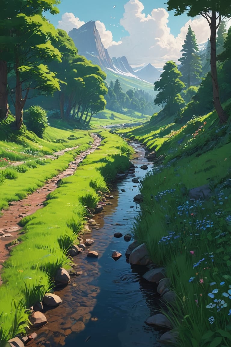 a digital painting of a stream running through a lush green field with trees and flowers, inspired by sylvain sarrailh, painted by andreas rocha, andreas rocha style, inspired by Andreas Rocha, in style of atey ghailan, by Andreas Rocha, the style of andreas rocha, anime countryside landscape, by sylvain sarrailh, inspired by Atey Ghailan, scenery artwork, sylvain sarrailh, scenery art detailed, anime nature wallpap, background art, scenery game concept art, landscape illustration, Atey Ghailan, anime landscape, anime nature