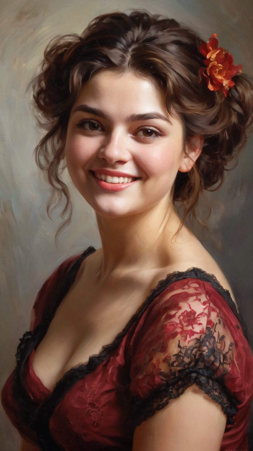 An oil painting in the style of John Singer Sargent and a print by Ivana Besevic, the lighting style of Rembrandt. A beautiful portrait of a 25-year-old chubby young Persian lady. A detailed, beautiful, mature round chubby face, beautiful surprised happy ecstatic laughing  bexpression, elegant updo hairstyle, beautiful, large eyes and full lips, (( intense saturated dark red black lace shades of color ))