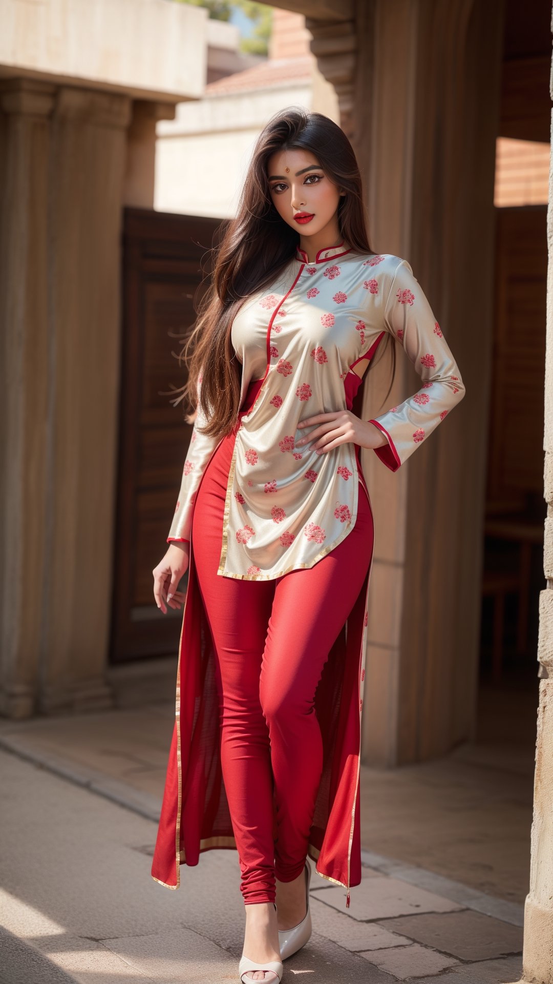 (full body shot), A beautiful Indian women wearing a red kurta, pink skinny leg salwar, fancy kurta, skinny long sleeves, (Indian outfits), Indian costumes, beautiful suit, gorgeous looking, ultra detailed face, red lips, high heel, high quality picture, candid picture, ultra detailed face, realistic face, perfect body fit, high heel, ,High detailed ,3va