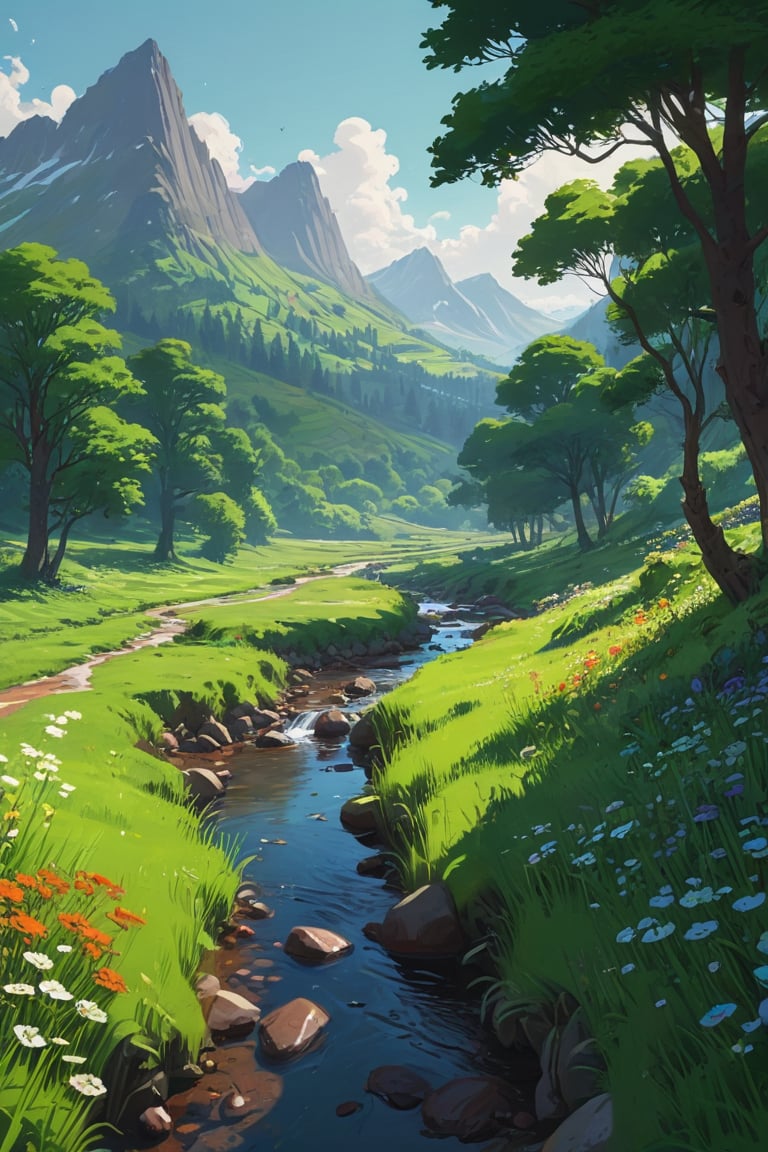 a digital painting of a stream running through a lush green field with trees and flowers, inspired by sylvain sarrailh, painted by andreas rocha, andreas rocha style, inspired by Andreas Rocha, in style of atey ghailan, by Andreas Rocha, the style of andreas rocha, anime countryside landscape, by sylvain sarrailh, inspired by Atey Ghailan, scenery artwork, sylvain sarrailh, scenery art detailed, anime nature wallpap, background art, scenery game concept art, landscape illustration, Atey Ghailan, anime landscape, anime nature