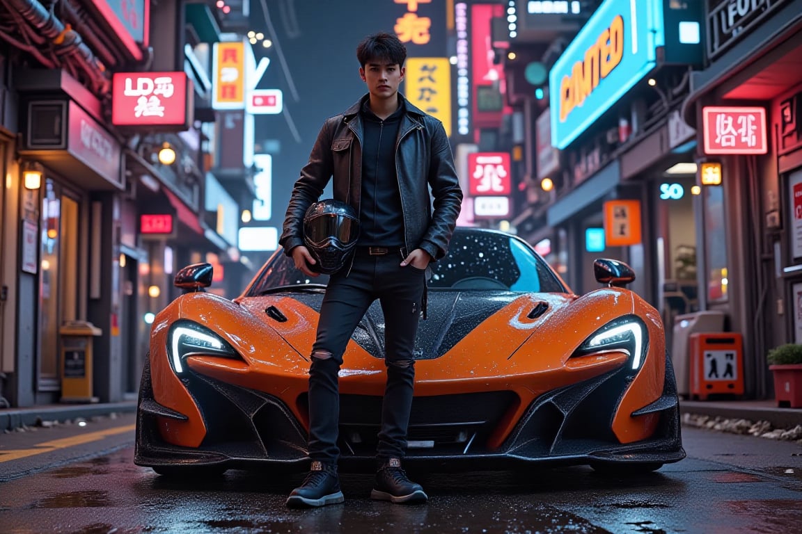 A slim black-haired man in his 30s stands confidently in front of a Orange McLaren P1 holding a helmet. He is wearing a black leather jacket and black jeans. The car is parked on a futuristic city street, glowing with vibrant neon signs in pinks, blues, and greens, which reflect off the wet pavement. The bustling, cyberpunk atmosphere surrounds them, with electric energy filling the scene, highlighting both the man and his high-performance car as the center of attention.