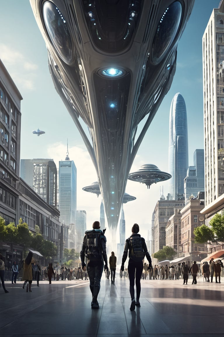 create an image with different people, aliens, fantastic magical beings walking in the center of an futuristic urban city