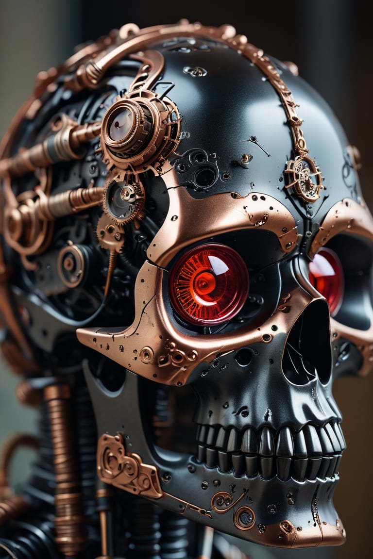 In a portrait shot with sharp focus and soft lighting, a masterpiece of bio-mechanical artistry takes center stage. A close-up view captures the intricate details of an orate steampunk black ceramic metal skull adorned with copper gears and ruby glass camera lens eyes that seem to gaze into the distance. The matte titanium and ceramic black colors of the skull's surface gleam against the circuitry-rich background. Framed in crisp 4K resolution, this high-detailed portrait presents a mesmerizing fusion of technology and organic form.