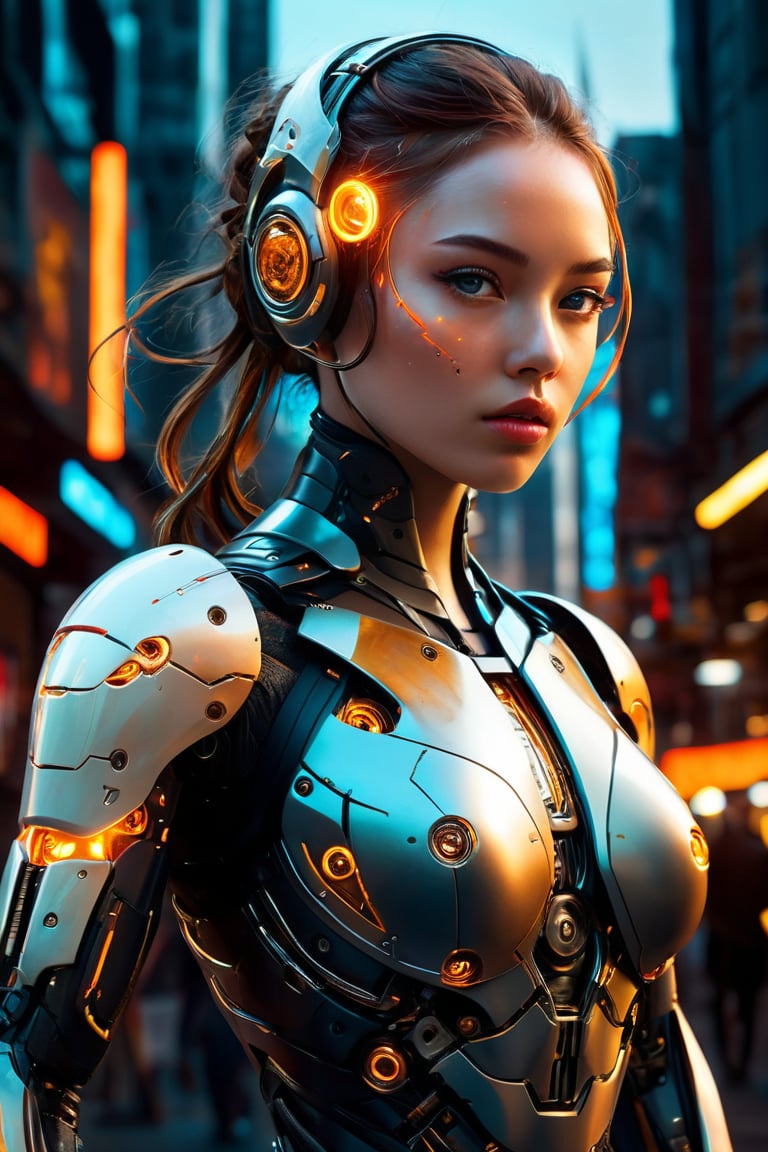 In the depths of a cyberpunk metropolis, a phantasmagorical figure emerges: a sexy cyborg woman. Her translucent skin (1.3) glows with a soft, ethereal light, while neon veins pulse beneath the surface. Fireflies dance around her, casting a warm glow (1.2). Backlit by the city's vibrant atmosphere, she stands tall, her fragmented body parts forming a mosaic of mechanical and organic textures. Spheres break off her face, leaving bleeding wounds that seem to float in mid-air. The ultra-wide angle lens captures every detail, from the soft natural light to the dramatic shadows, as the cityscape blurs with motion. A masterpiece of digital artistry, this piece showcases vibrant colors, stunning depth of field, and an ultra-dynamic lighting scheme.