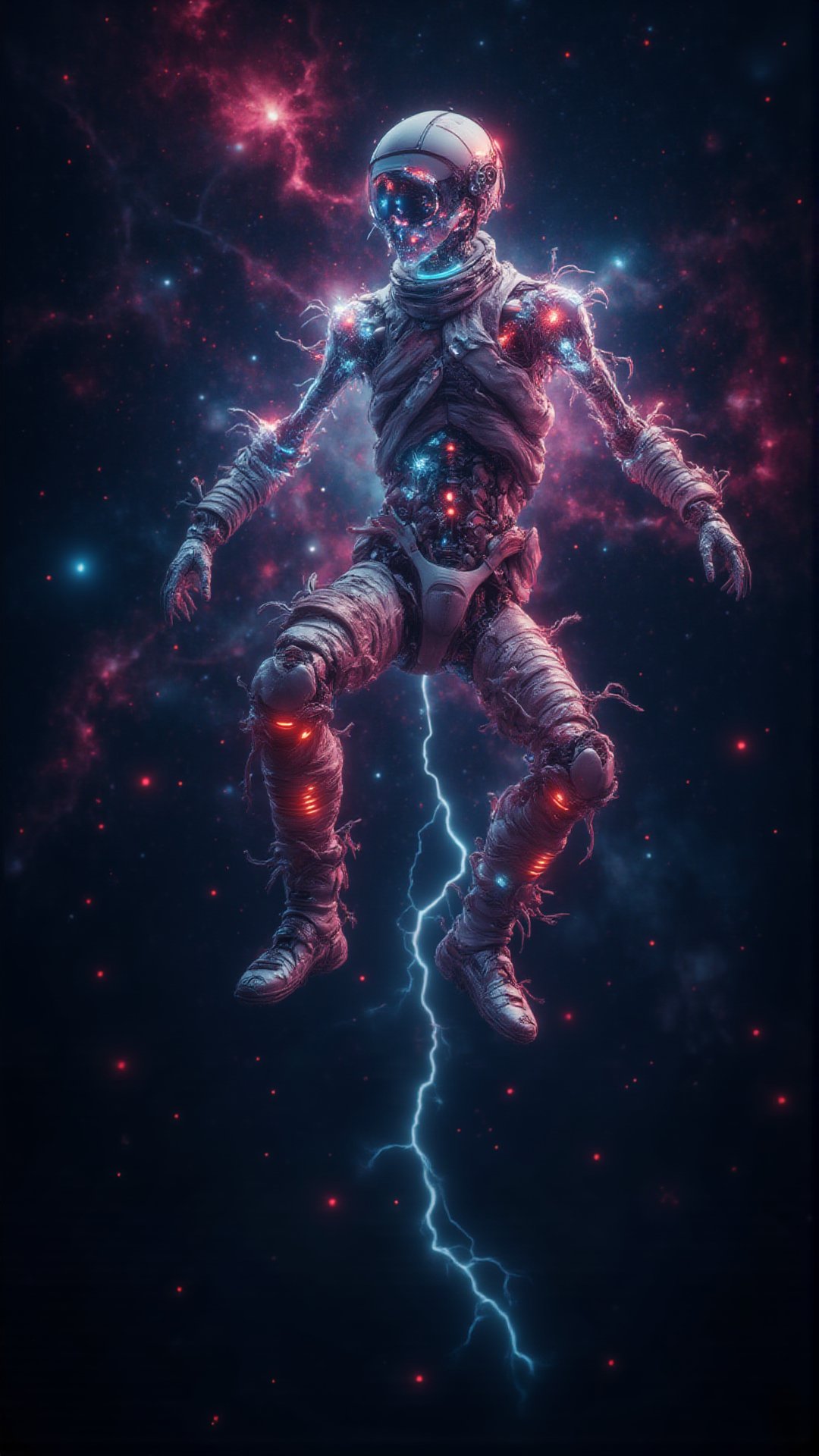 Full body mummified astronaut floating in space, astronaut in white suit floating, decayed bandages streaming, A bioluminescent skeletal mummified astronaut in a decaying high-tech space suit, floating in dark space, surreal photographs, cosmic wonders, neon colors, high contrast, outer space scene, details realistic, high resolution, cyberpunk style, film still, film still, a galactic nebula in the background, nebulae, galaxy in the background, lights and lightning, electric arcs
